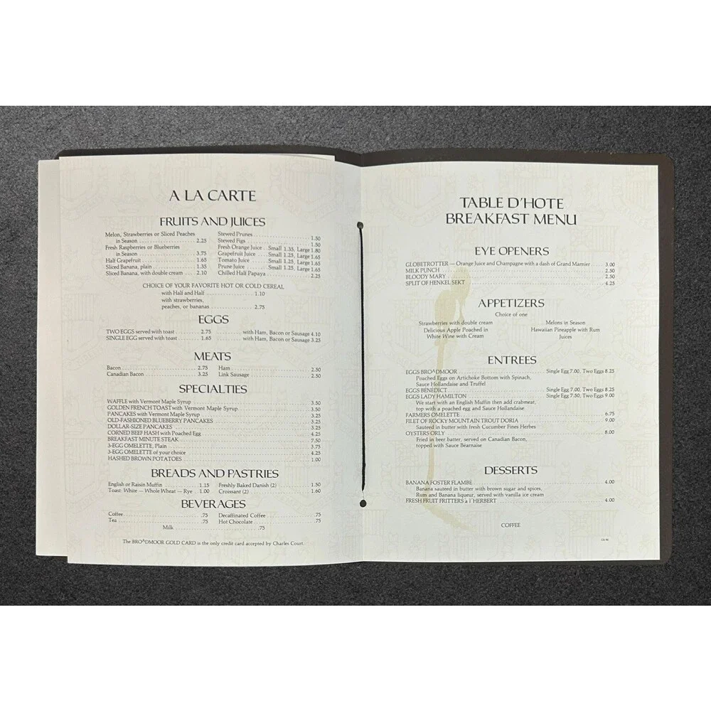 Vintage Charles Court Restaurant Menu Embossed Faux Leather Crested Binder Cover